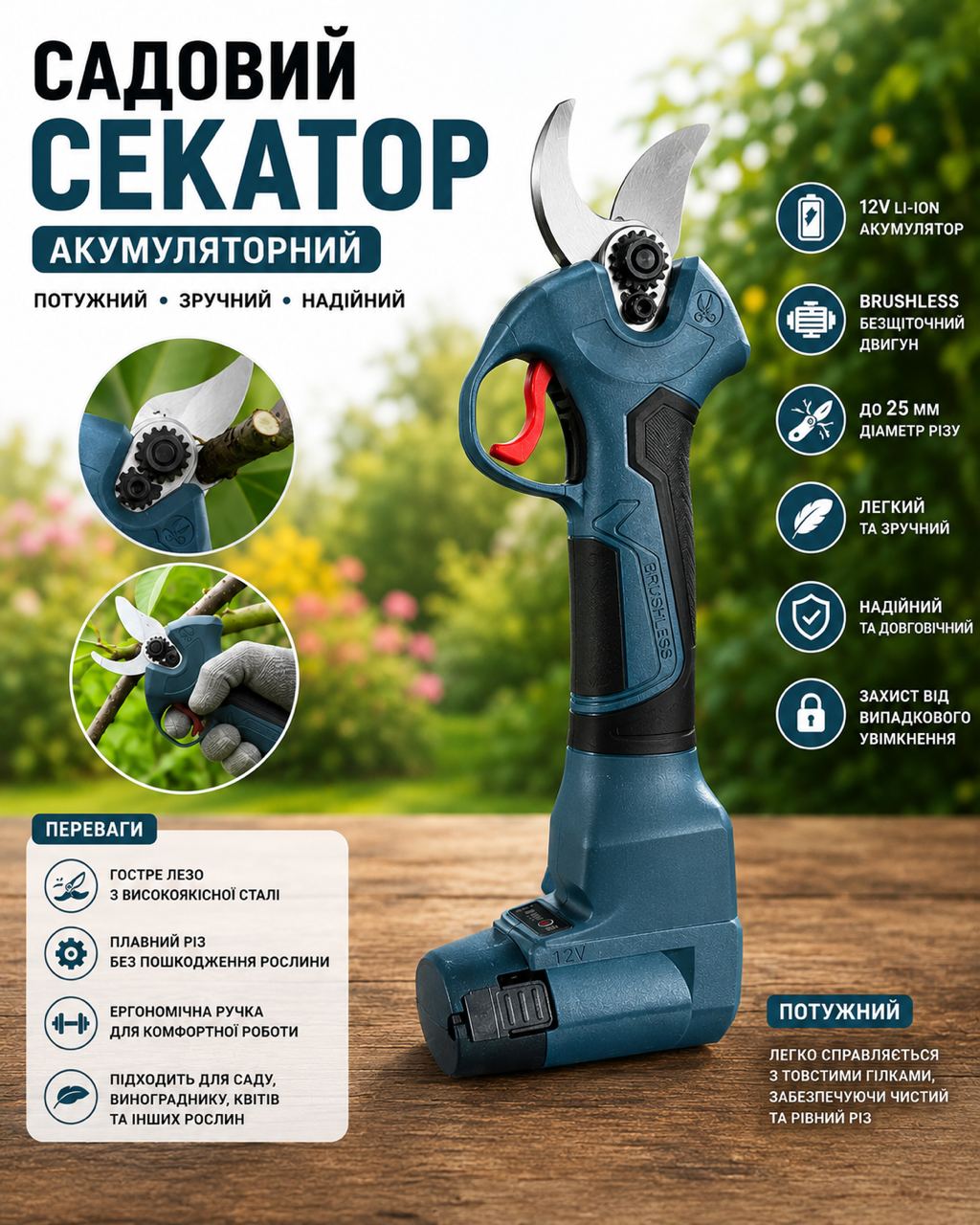Акумуляторний садовий секатор